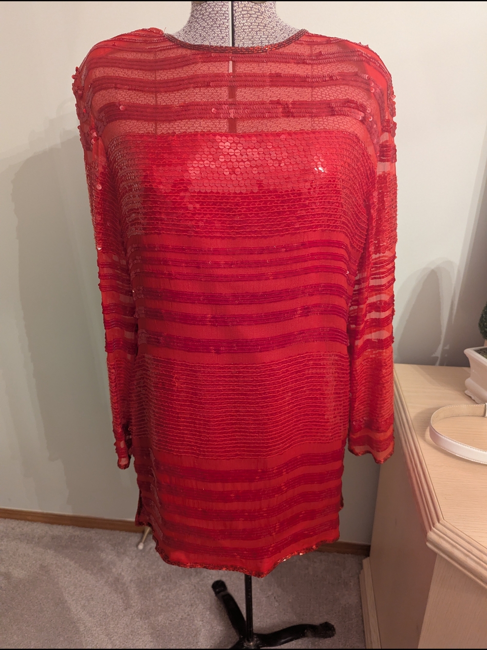 Red Sequined Sheer Stripe Dress